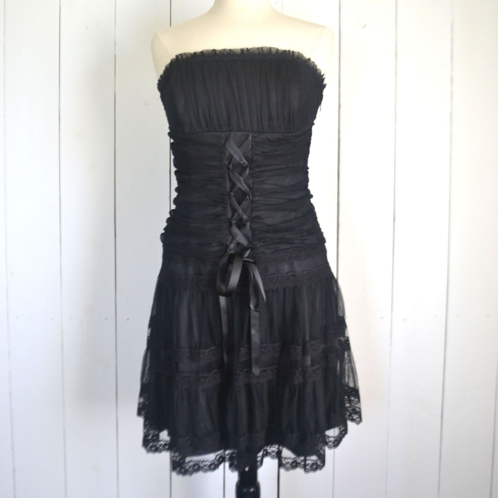 Jessica McClintock Black Lace Strapless Dress M L